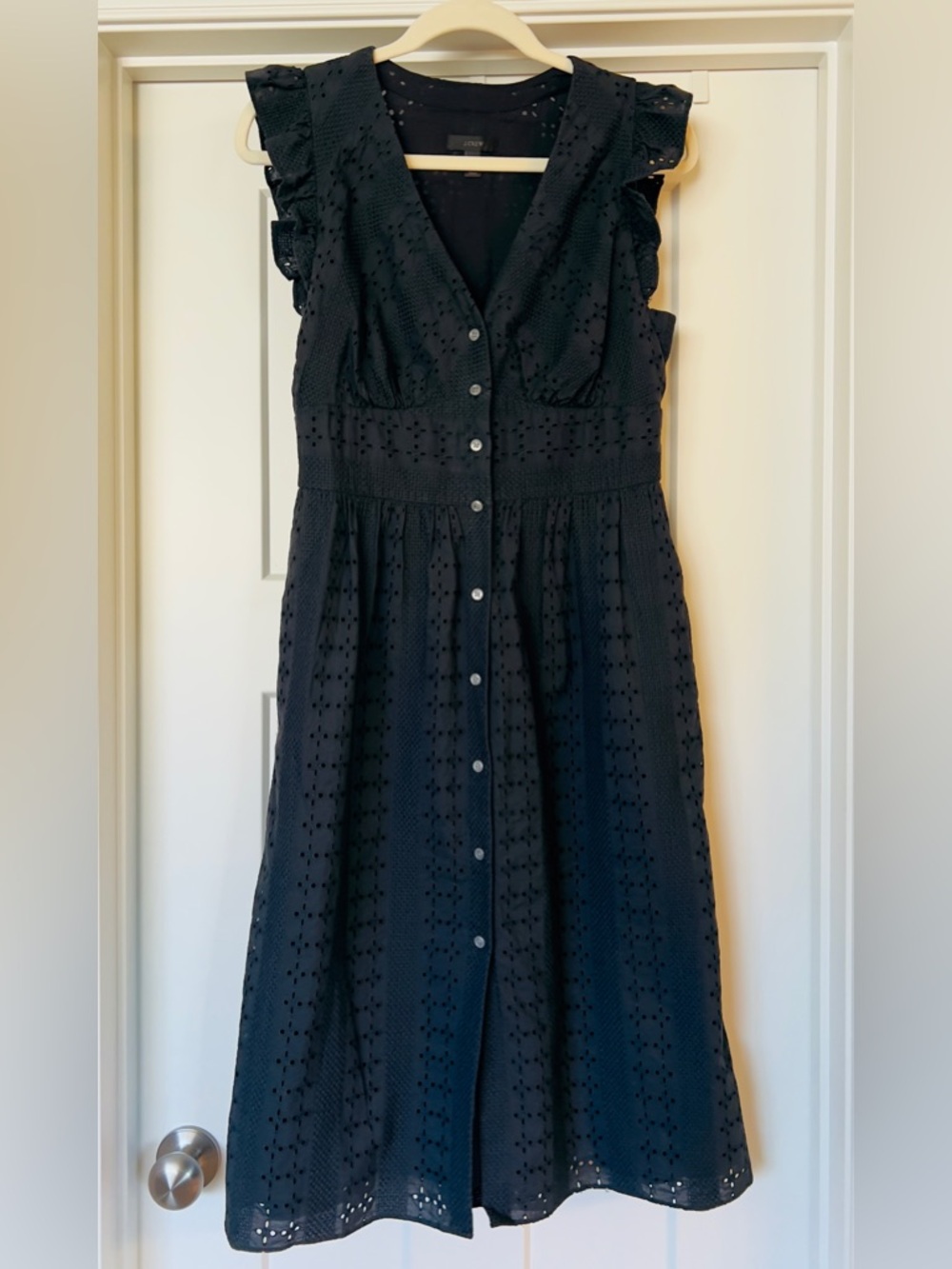 J.Crew Women’s Black Eyelet Midi Button Up Ruffle Sleeve Dress Size 8